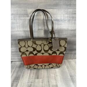 Coach Monogram Tote Handbag Tan Orange Leather Handles Medium Purse B0768-10124